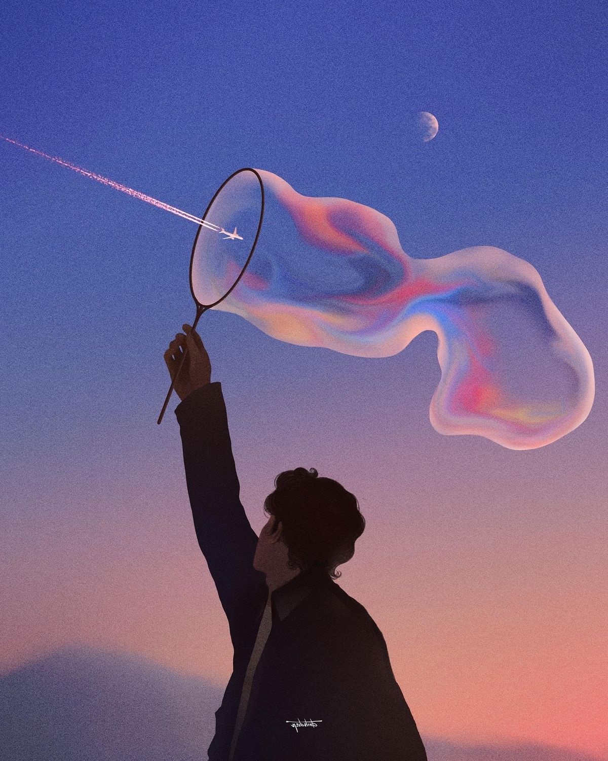 A silhouetted figure releasing a luminous bubble into a blue sky