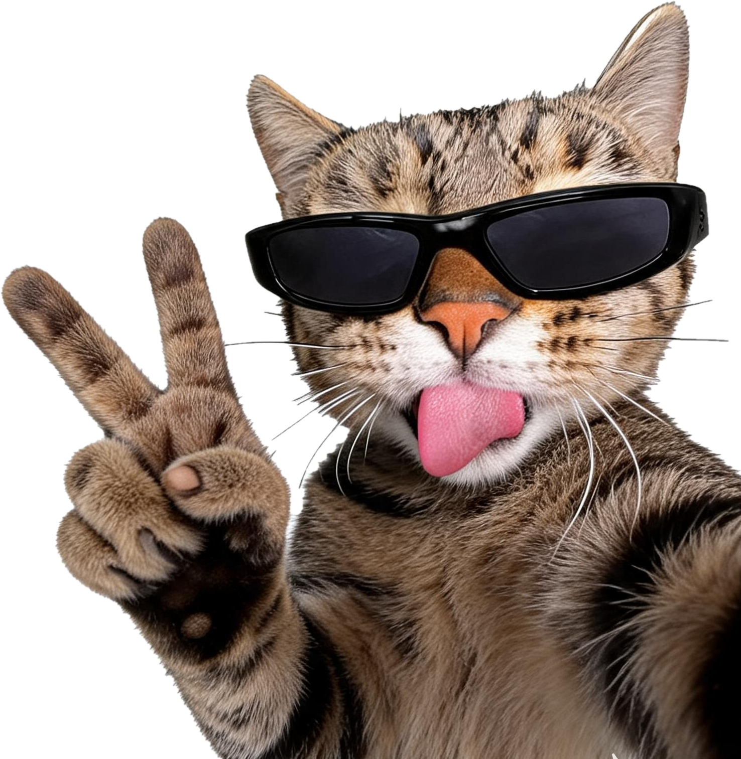 A cat in sunglasses raising one paw